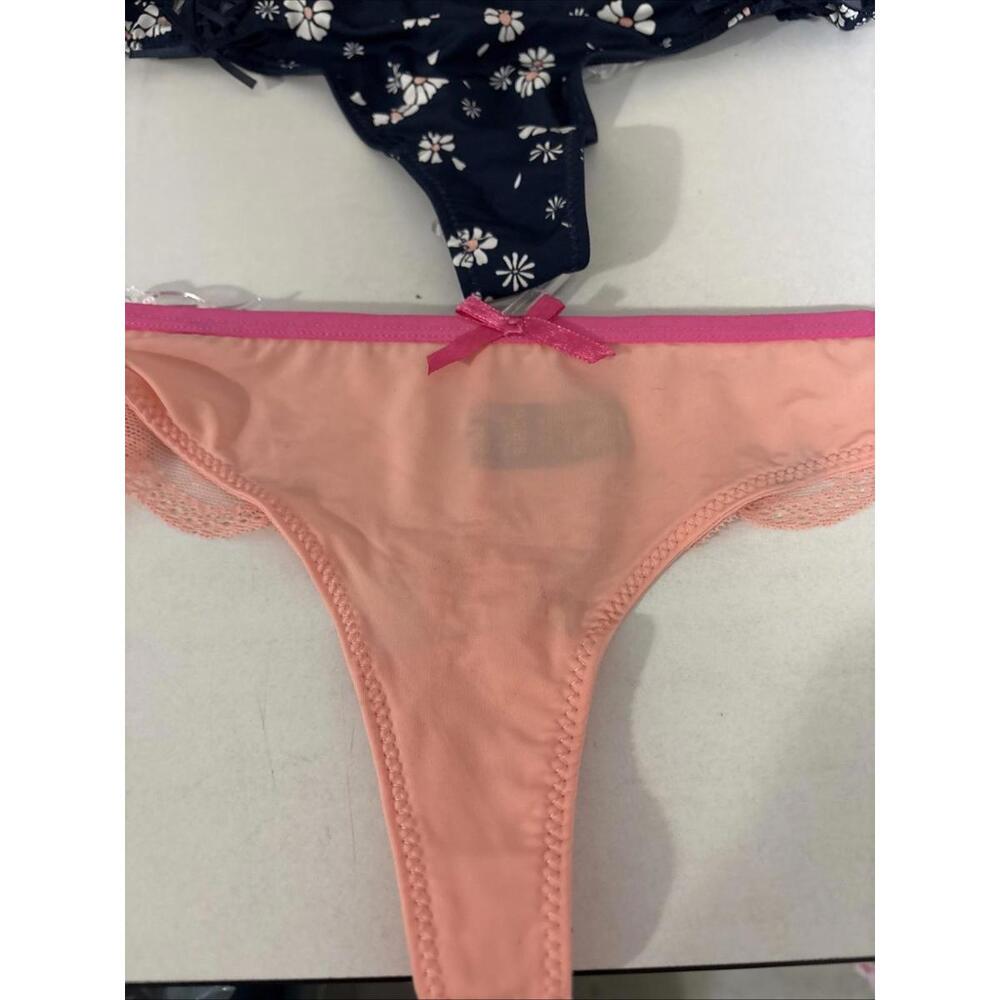 NWT 2 Pair Rene Rofe Small Thongs Panties Lace Floral Ties Bows Embroidery New